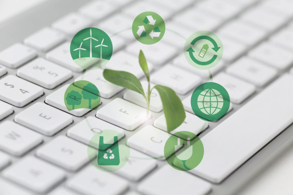 Visuel d"un clavier avec des pictos verts faisant écho à l'écoresponsabilité