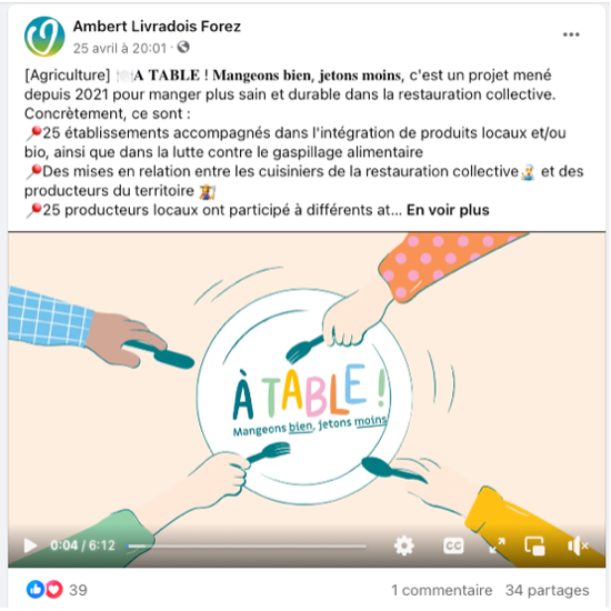 Post facebook d'Ambert Livradois Forez sur la vidéo A Table