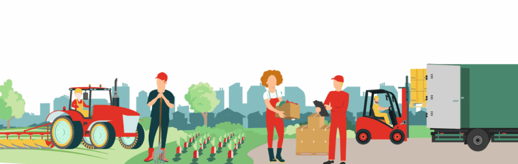 Illustration représentant un agriculteur, des maraichers et un livreur